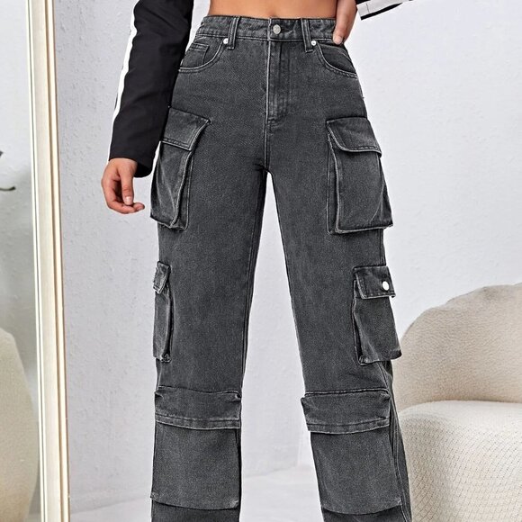 Dark Grey Casual Womens High Waisted Flap Pocket Cargo Jeans - Picture 5 of 5